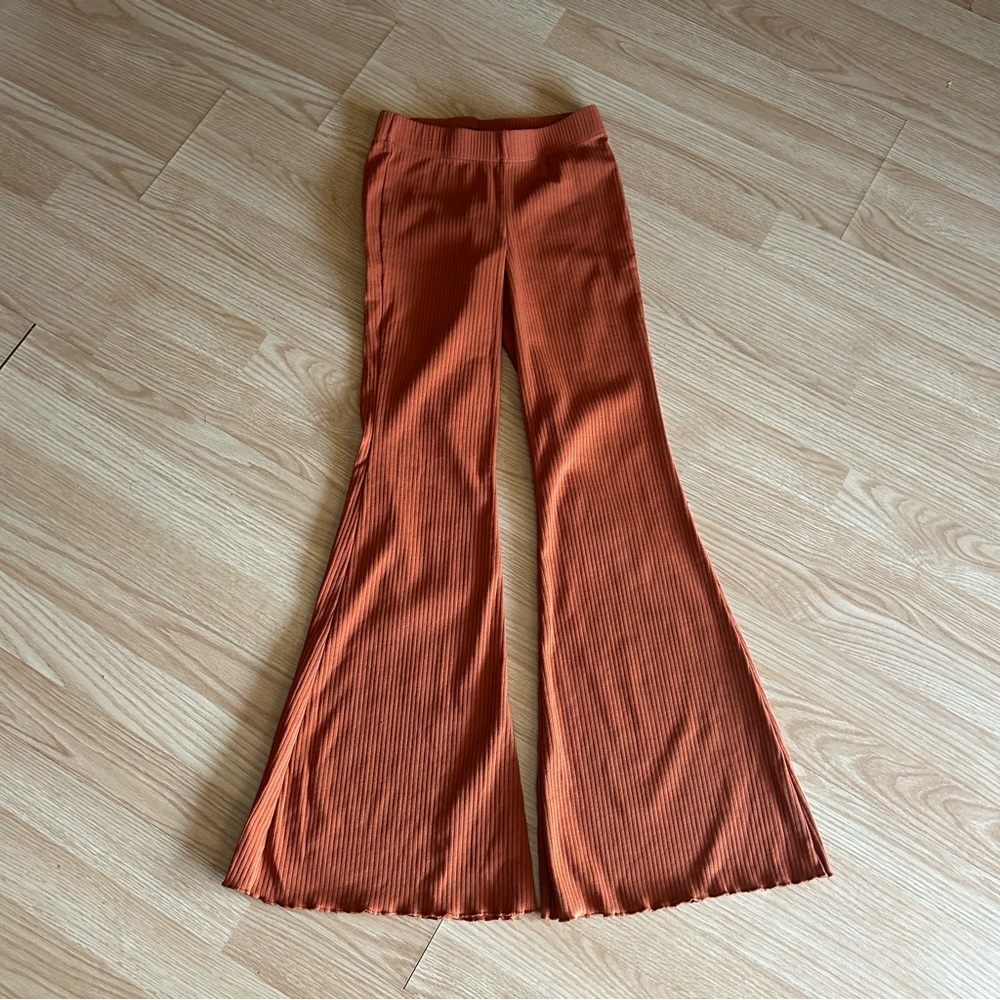 Wild Fable Burnt Orange Light Ribbed Flare Casual Pants XXS